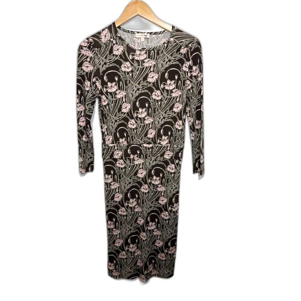 Tory Burch Floral Printed Silk Long Sleeve Maxi Dress sz XS Lined Side Zip Brown
